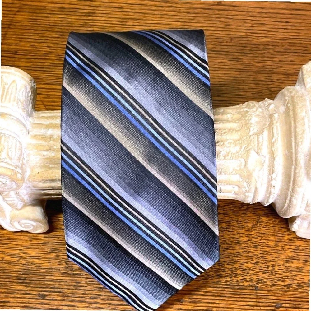 Joseph Feiss International Silk‎ Tie Striped Gray Blue Tan Men's Repp Necktie